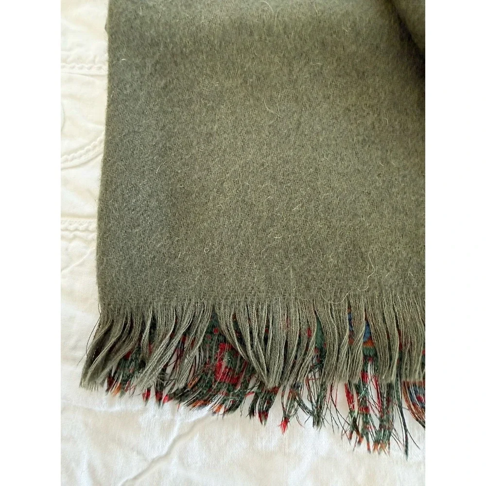 Vtg Scarf Two Sided Reversible Silk Wool Green Paisley Fringe Unisex 50